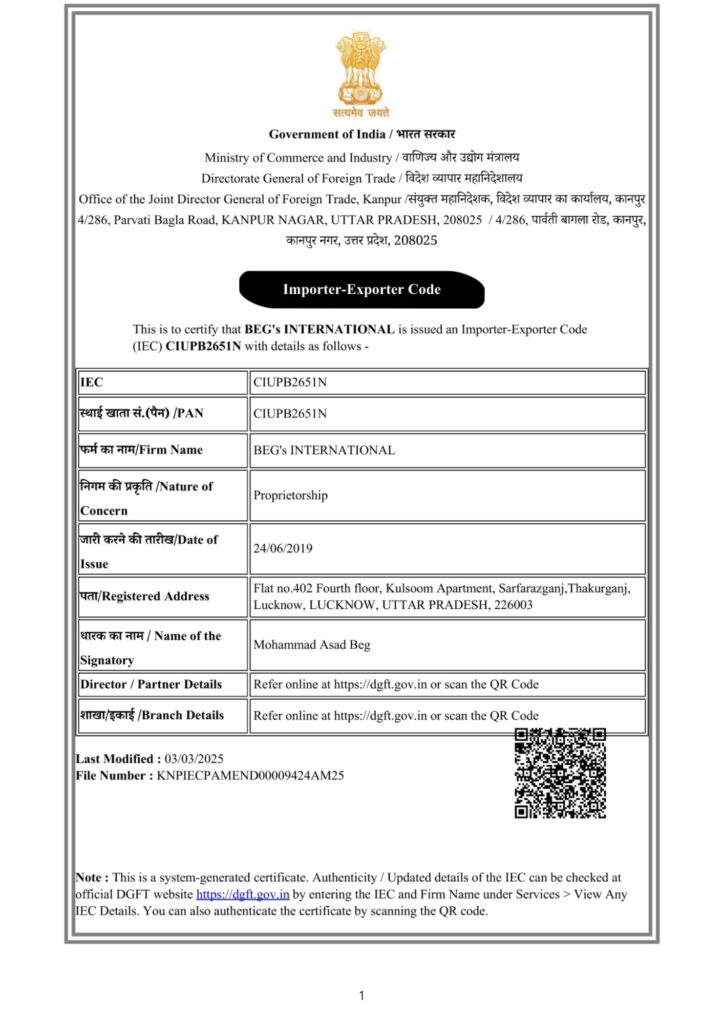 Import export registation Certificate
