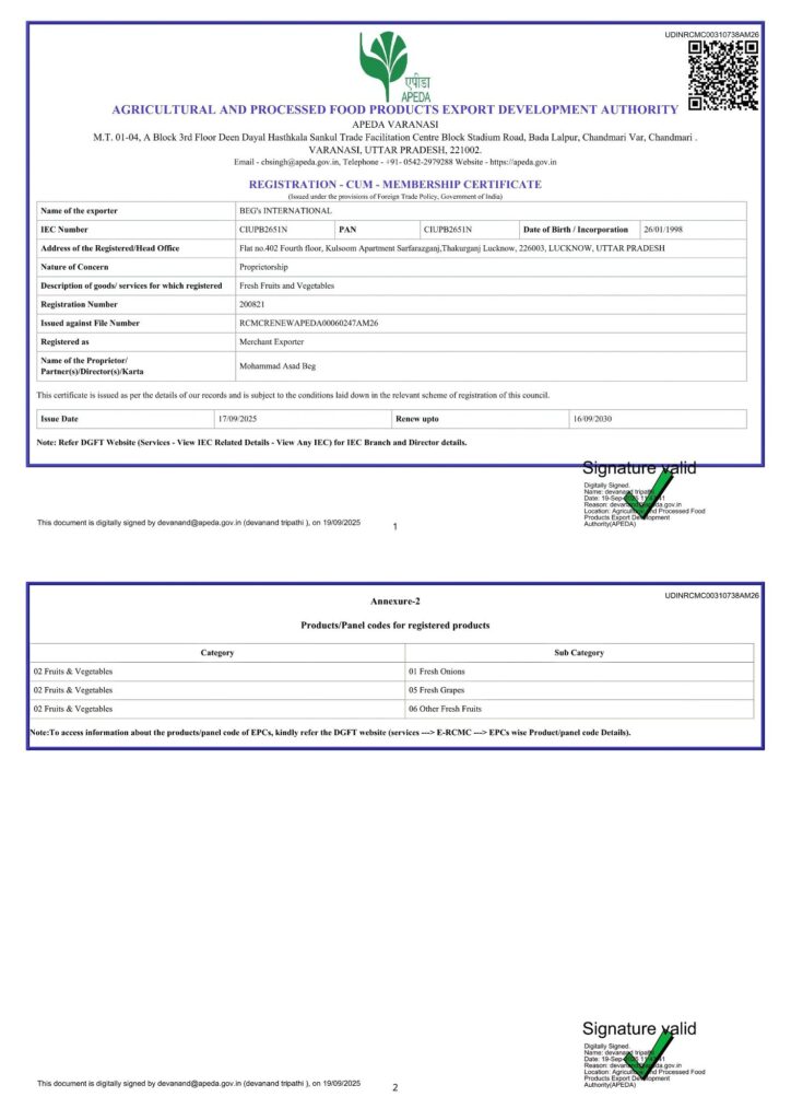 begs international RCMC apeda regiatration